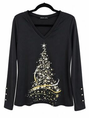 Noracora Christmas Tree Long Sleeve Top Black Sparkle Holiday Tee Size Medium